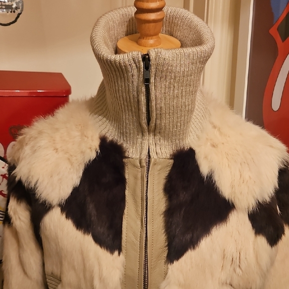 XOXO Women's Brown and Cream Patchwork Rabbit Fur And Leather Bomber Jacket - Picture 2 of 10